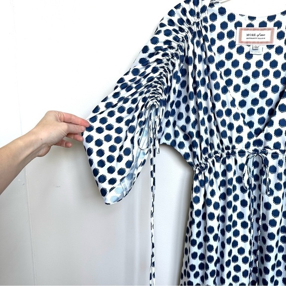 More of Me Maternity 100% Silk Maxi Dress Ruched Sleeves Polka Dot Blue White - Picture 4 of 9